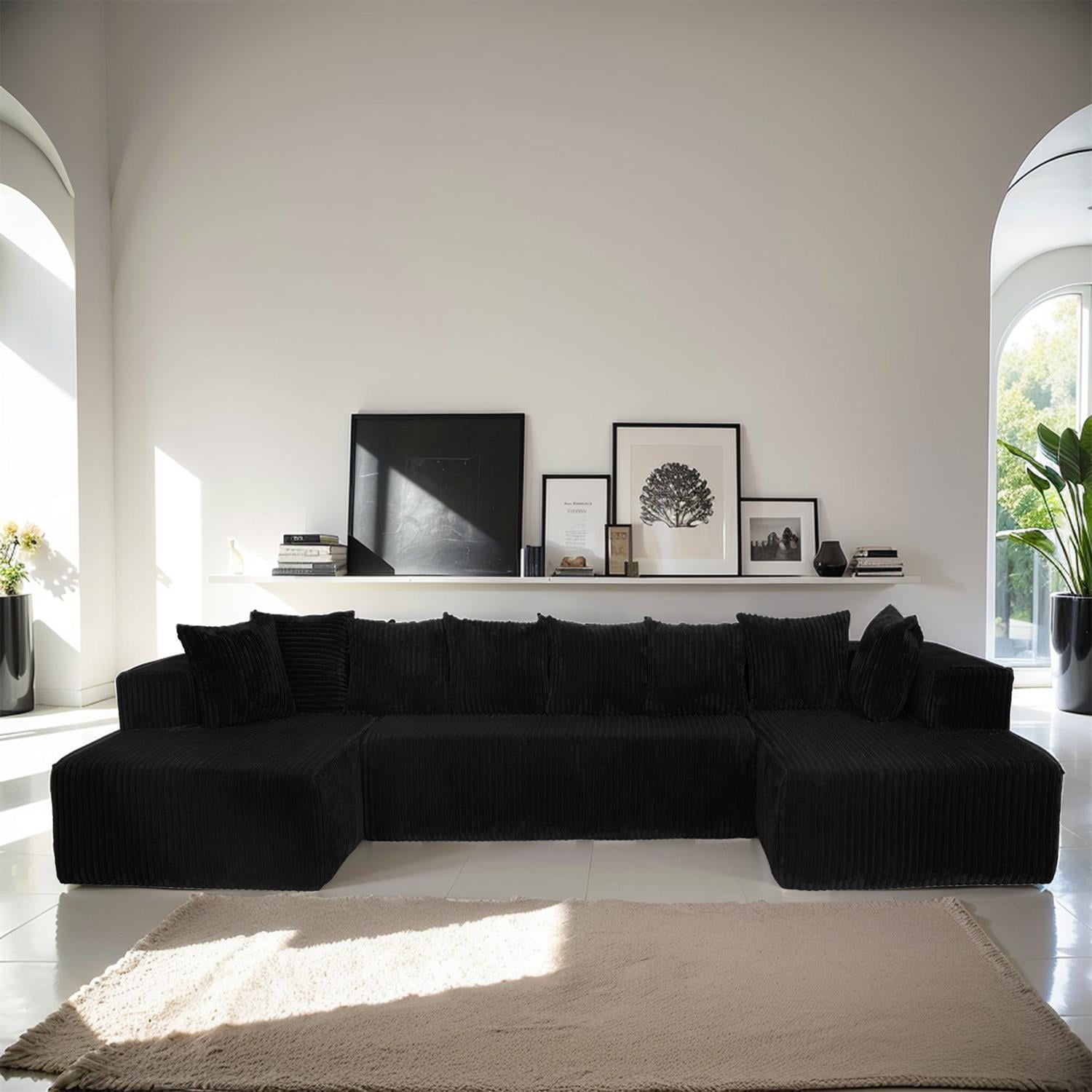 Demi Bonn 130" Modular U-Shaped Sectional Sofa, 4-Seater Chaise Lounge Couch with Reversible Corduroy Fabric for Living Room, Bedroom, Black