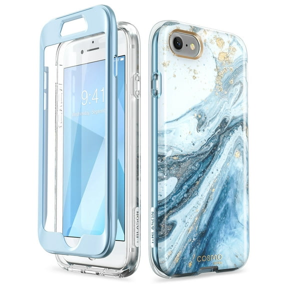 i-Blason Cosmo Series Designed (Built-in Screen Protector) Stylish Protective Bumper Case for iPhone SE (2020)/ iPhone 8/ iPhone 7 (Blue)