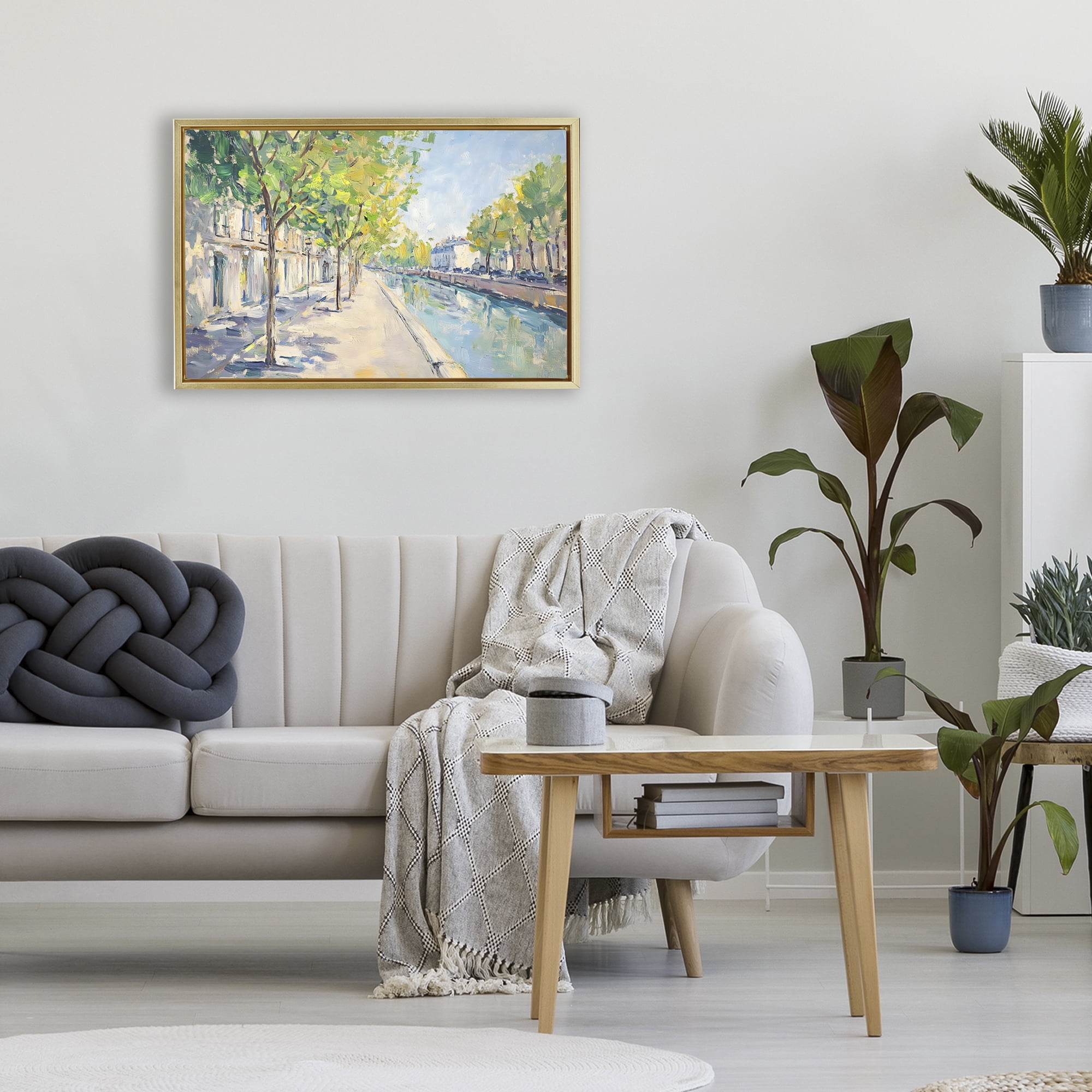 Stupell Industries Montrouge Canal Promenade Gold Framed Floater Canvas Wall Art, design by Creative Studio