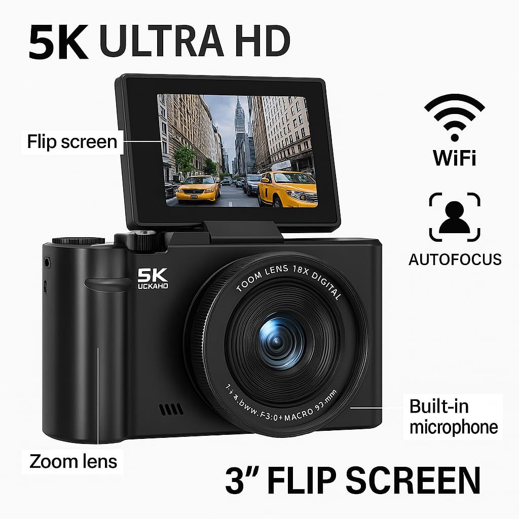 Acuvar 5K 75MP HD Digital Camera for Photography Vlogging Camera for YouTube 180° Flip Screen 18X Zoom Video Camera with WiFi 64GB SD Card Tripod Case Card Reader Macro Wide Angle Lens UV Filter Pink