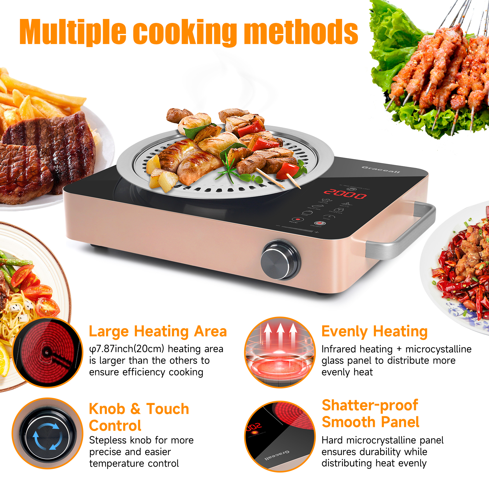 GRACEALL 2000W Single Burner Cooktop Portable Electric Stove, Infrared Hot Plate for Cooking, 120V Kitchen Cooker, Knob Control Glass Cook Top with BBQ Grill