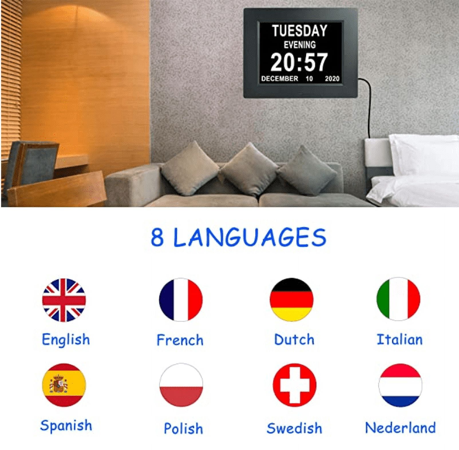 Multi-Language Calendar Clock 8Inch Digital Calendar Day Clocks Extra Large compatible with Vision Impaired