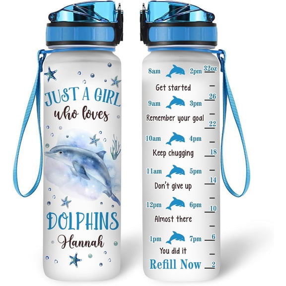 Personalized Dolphin Lovers 32Oz Liter Motivational Water Bottle, Just A Girl Who Loves Dolphins Customized Name Water Bottle With Time Marker Gift For Women Girl On Birthday, Mother Day's