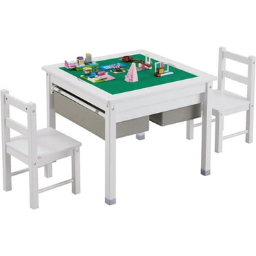 3 in 1 Kids Table and 2 Chairs Set with Storage Drawers, Toddler Construction Play Table with Detachable Blocks and Blackboard Tabletop, Compatible with Lego and Duplo Bricks (White)