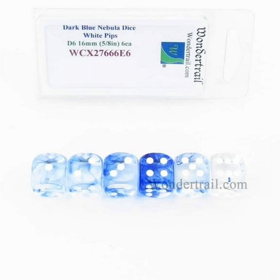 Dark Blue Nebula Dice with White Pips 16mm (5/8in) D6 Set of 6 Wondertrail