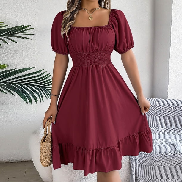 Women's Summer Casual Short Sleeved Waist Cinched Solid Color Dress Womens  Long Sleeve Boho Blouse Top Womens Long Summer Dresses 1880s Wedding Dress  - Walmart Business Supplies