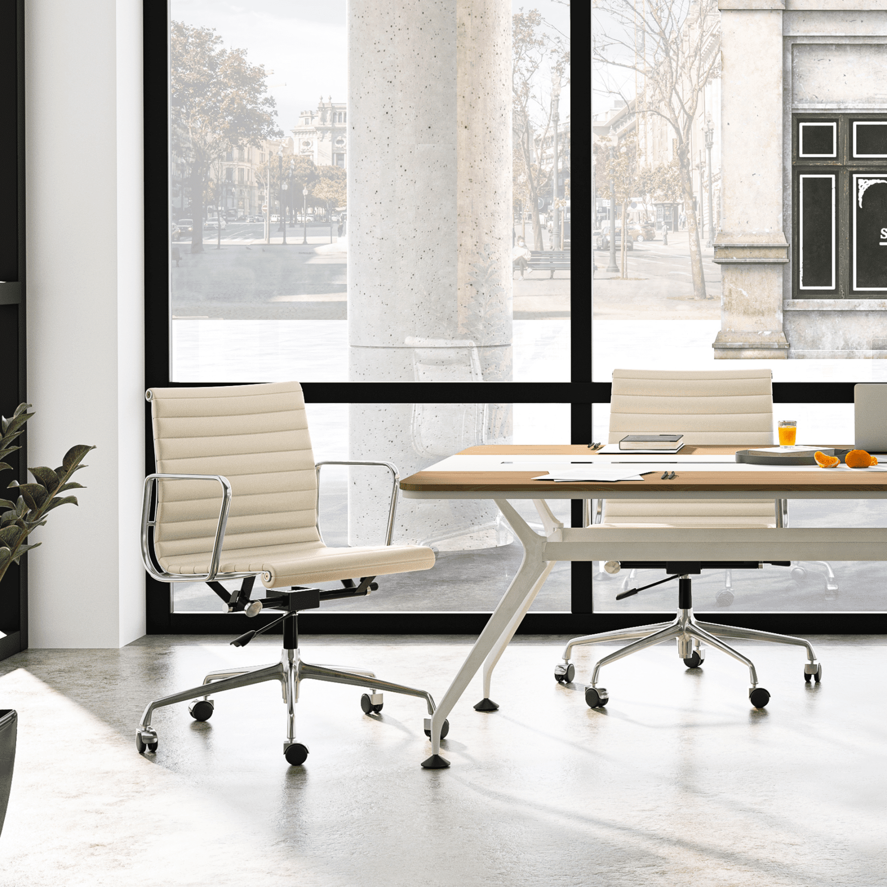 Ribbed Genuine Leather Office Chair, Mid Back, Adjustable Ergonomic Computer Chair for Home Office Use, White, 1PC