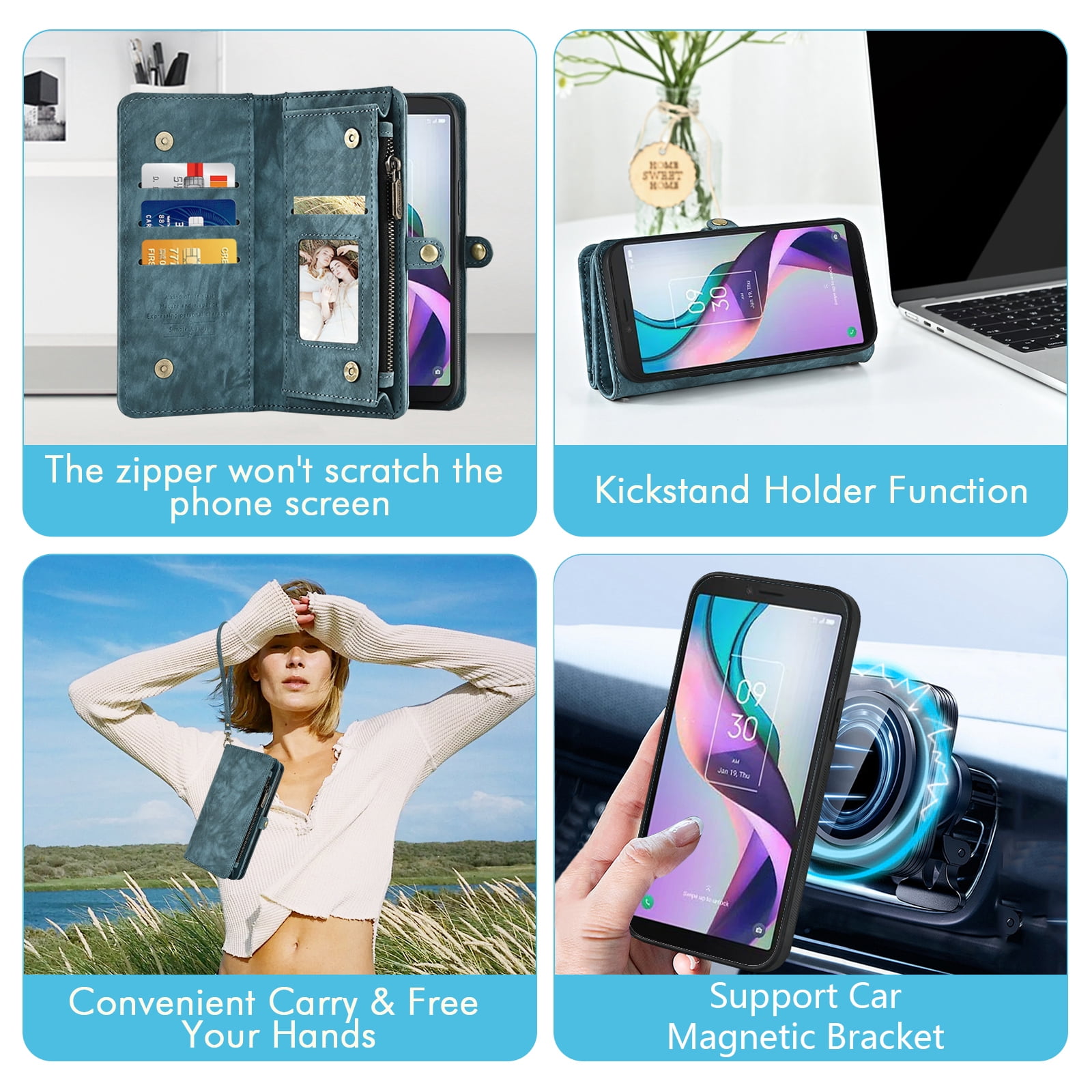 Asuwish Phone Case for Metro TCL Ion X/Ion V/40Z T607DL Zipper Wallet Detachable Cell Cover with Tempered Glass Screen Protector Crossbody Strap Flip Card Holder IonX T430W IonV 2023 Women Girls Blue