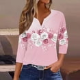 thumbnail image 2 of YUGYXL Womens 3/4 Sleeve Tops Trendy Summer T Shirt Casual V Neck Pullover Button Printed Blouse Plus Size Tees Pink M, 2 of 6