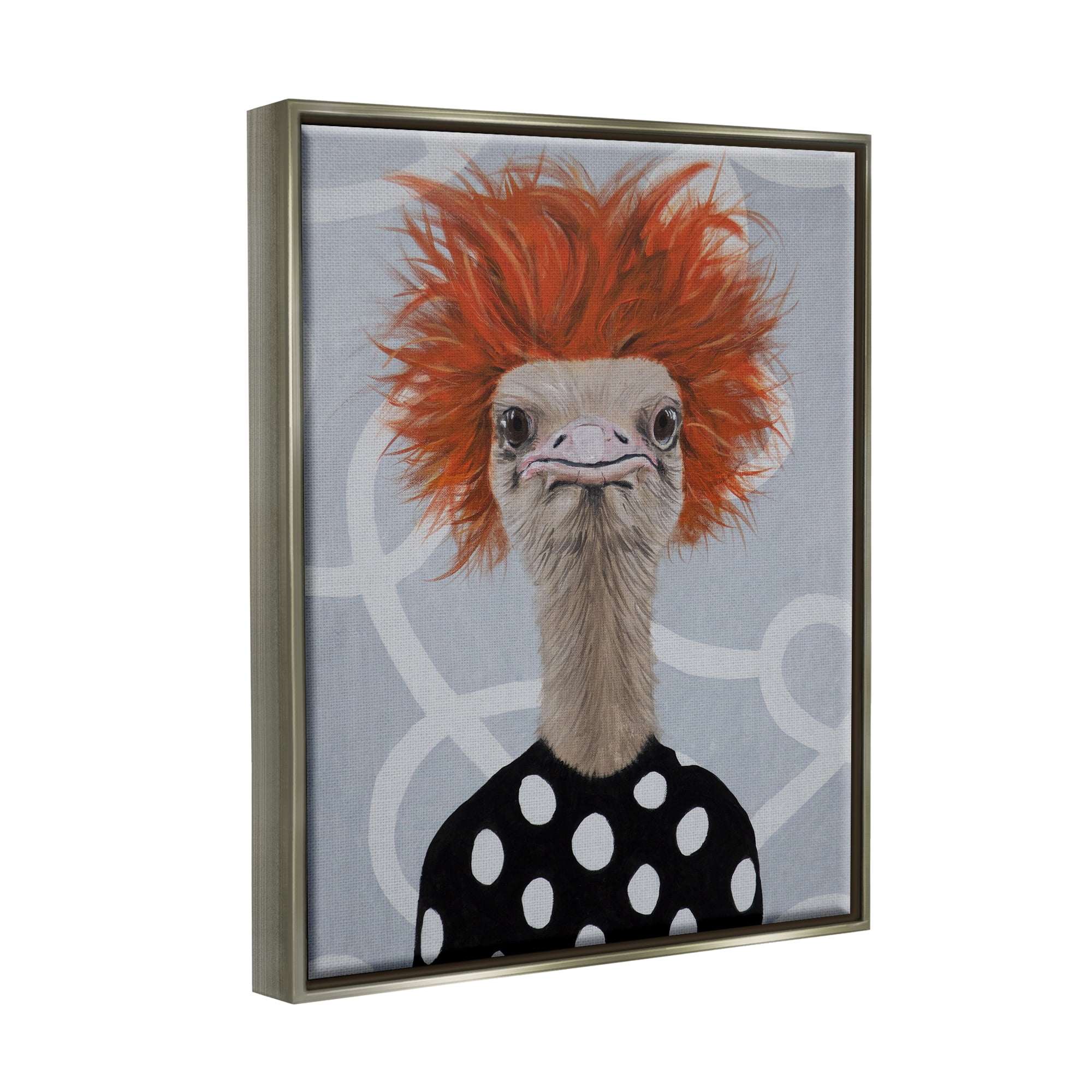 Stupell Industries Funny Ostrich Retro Polka Dots Animals & Insects Painting Gray Floater Framed Art Print Wall Art