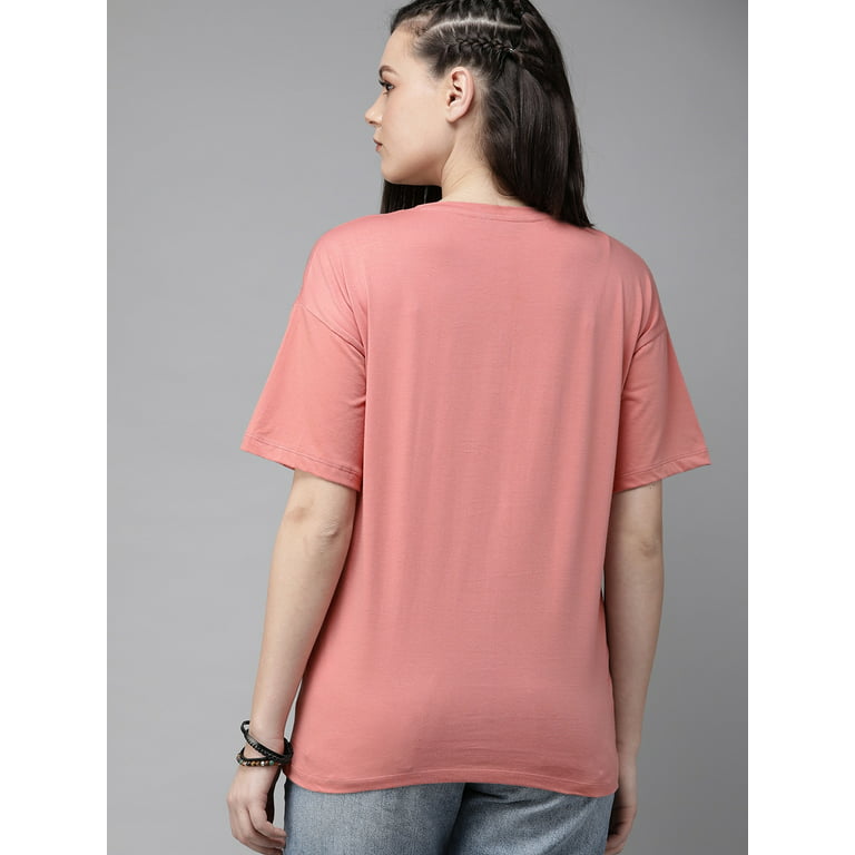 The Roadster - By Lifestyle Co Casual T-Shirts For Women Pink White Printed Round Neck Short Sleeves Regular Pure Cotton Ready to Wear T-shirt - Walmart.com