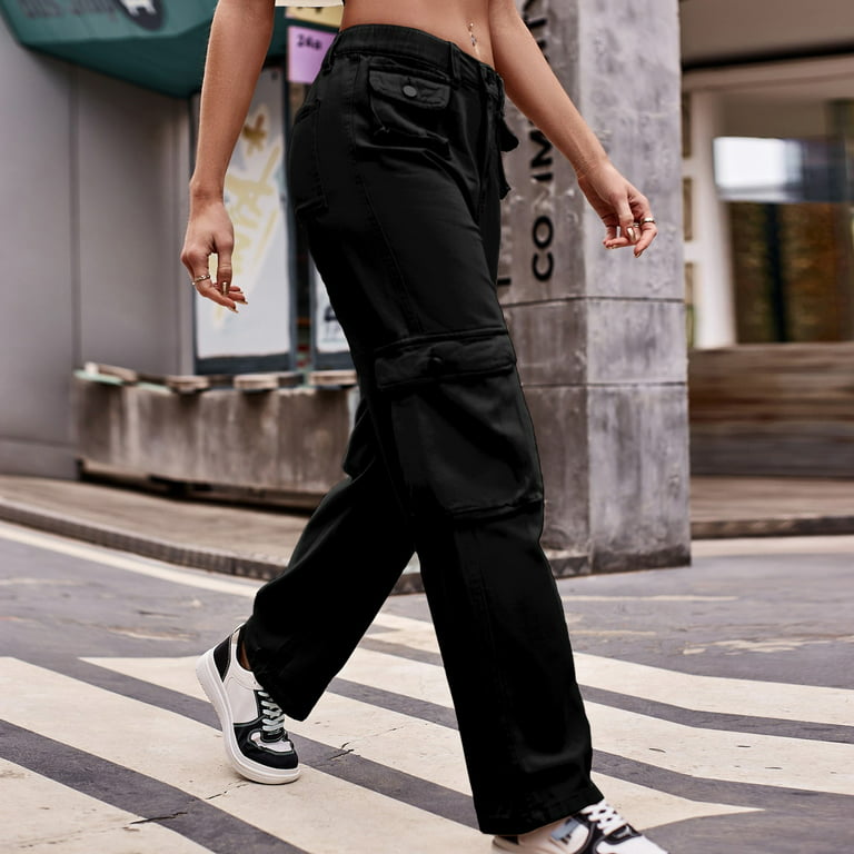 HAXMNOU Women Casual Fashion High Waisted Cargo Pants Wide Leg Casual Denim  Trousers Multi Pocket Cargo Jeans Black XXL 