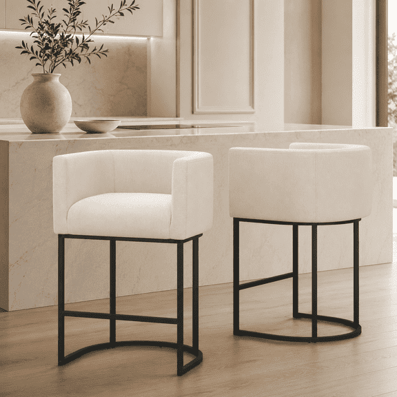 FANCROU 26" H Counter Height Bar Stools Set of 2, Fabric Barrel Stools with Back and Arms, Beige-Black Leg
