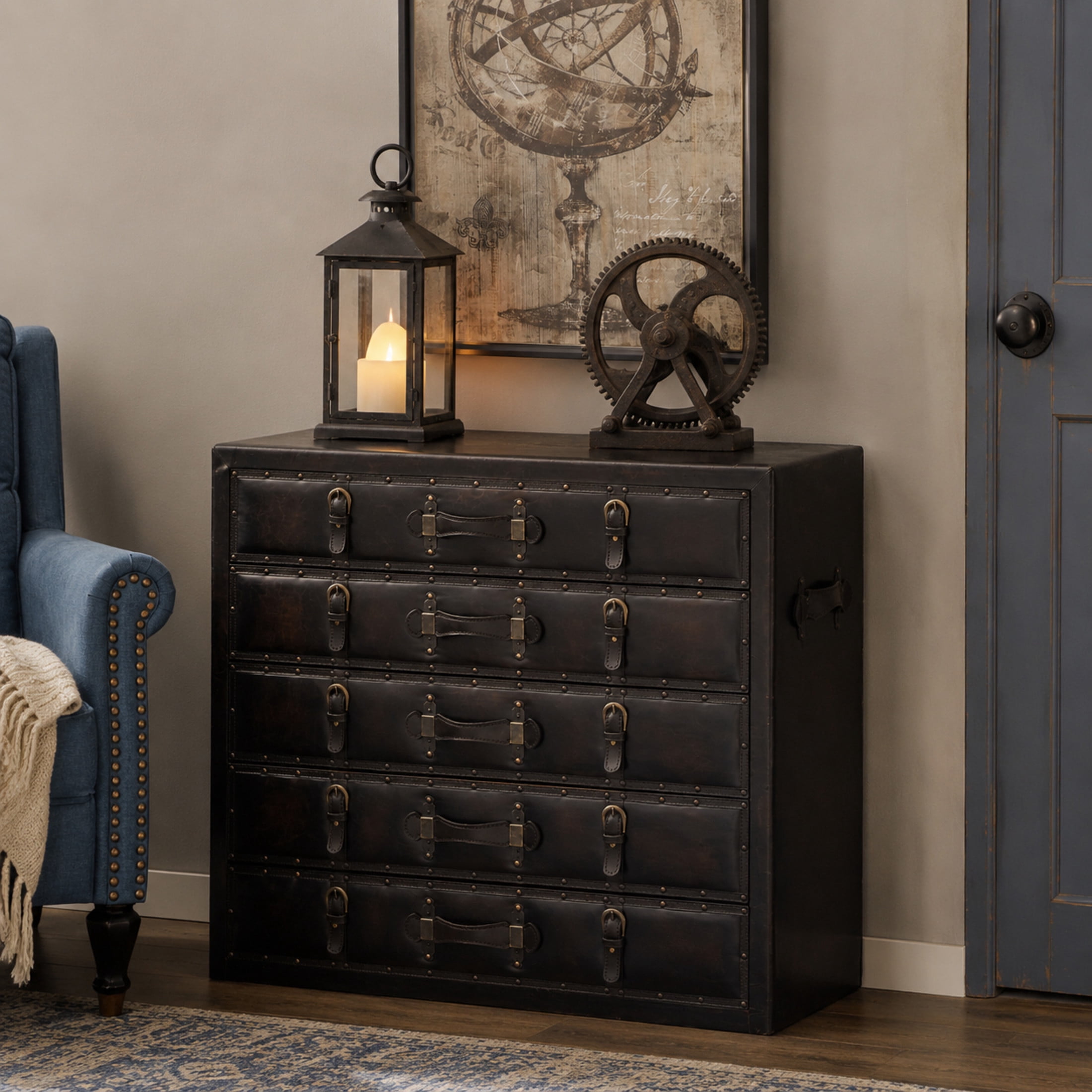 DecMode 36" x 32" Black Faux Leather Vintage Trunk Chest with Gold Studs and Buckle Details, 1-Piece
