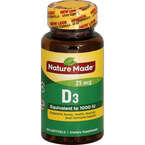 Nature Made Vitamin D3 1000 IU (25 mcg) Softgels, 100 Count - Walmart.com