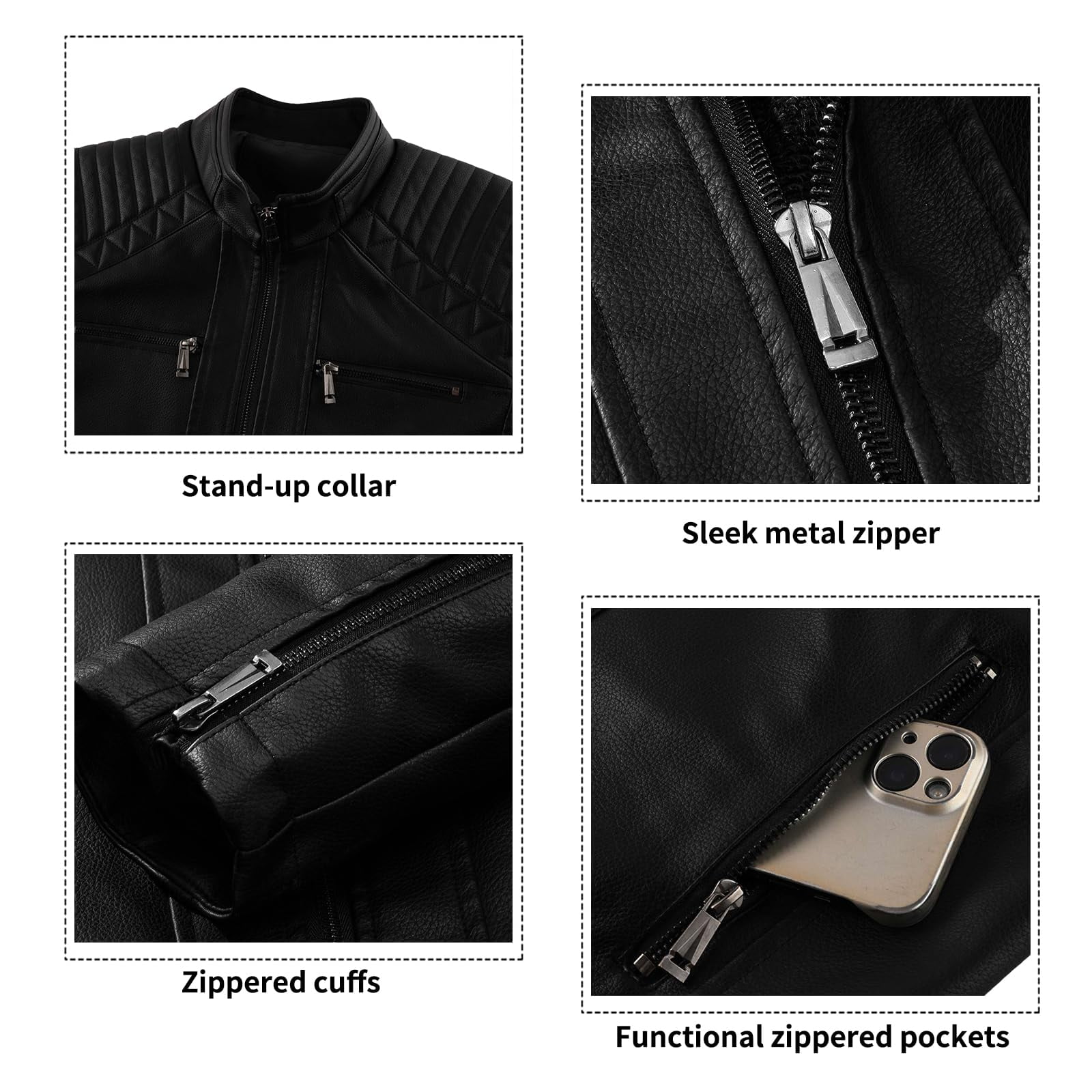 LEDUNTINO Men's Stand Collar Winter PU Faux Leather Fleece Lined Zip-Up Motorcycle Bomber Jacket Slim Fit Biker Coat