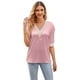 thumbnail image 3 of Top de manga corta con costuras de encaje y cuello en V, camiseta informal con estampado de satén para primavera y verano, rosa XXL, 3 of 6