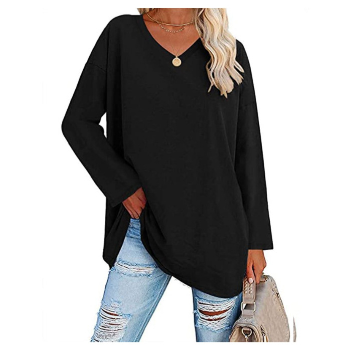 T-shirt Femme Col V Manches Longues - Basique Chic Pour L'automne-hiver - Bureau, Quotidien, Décontracté