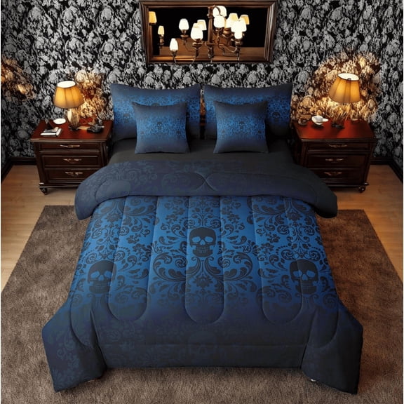Damask Gothic Bedding Set Adults Antique Victorian Bed in a Bag Queen Comforter Set 7 Piece,Navy Blue Black Sugar Skull Sheet Set Vintage Floral Goth Bed Set,Exotic Bone Skeleton Bohemian Decor