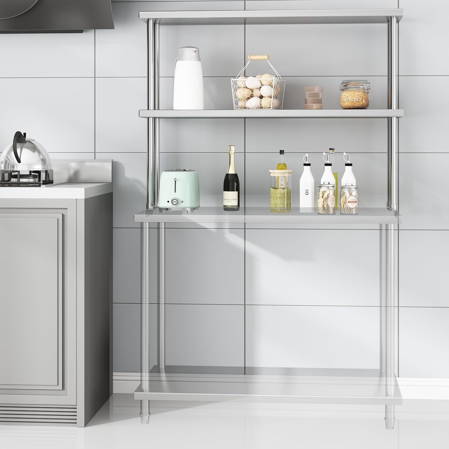 Stainless Steel Double Overshelf, Commercial 2-Tier Adjustable Shelves, Double Deck Overshelf for Prep & Work Table In Restaurant, Kitchen and Home, 12" x 48"