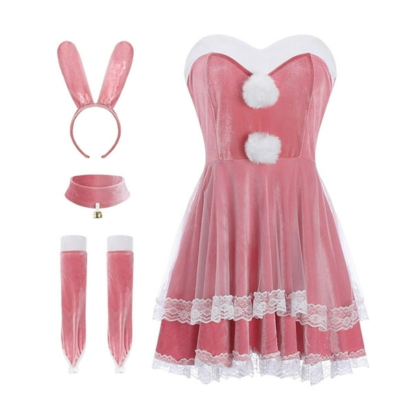 Bunny Costume Set Cosplay W Bunny Ears Girls Piece Rabbit Outfit Bunny Suit Pink