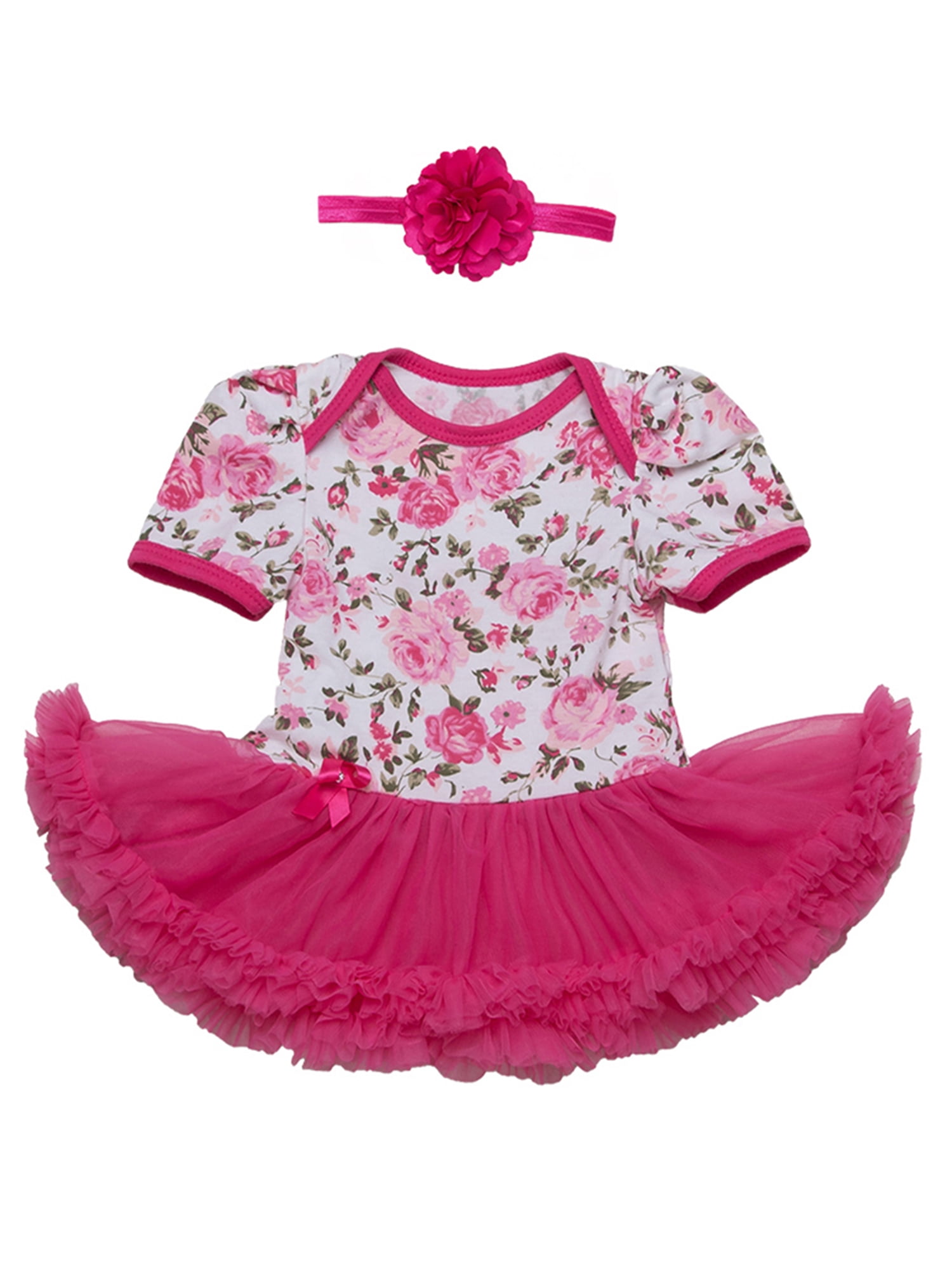 StylesILove Baby Girl Flower Print Short Sleeve Romper Tutu Dress with Matching Headband 2 pcs