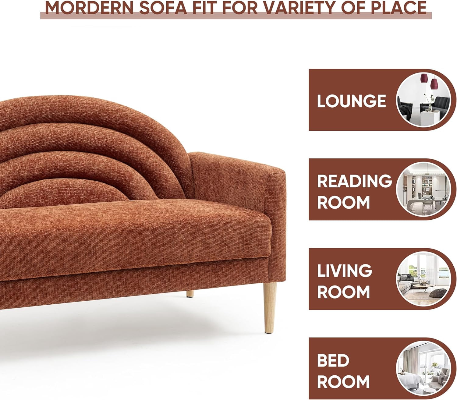Zanmintaobo 63.8" Mid-Century Modern Loveseat,Tufted Rainbow Back Linen Upholstered Small Couch for Living Room & Apartment,700 LBS Capacity,Ocher