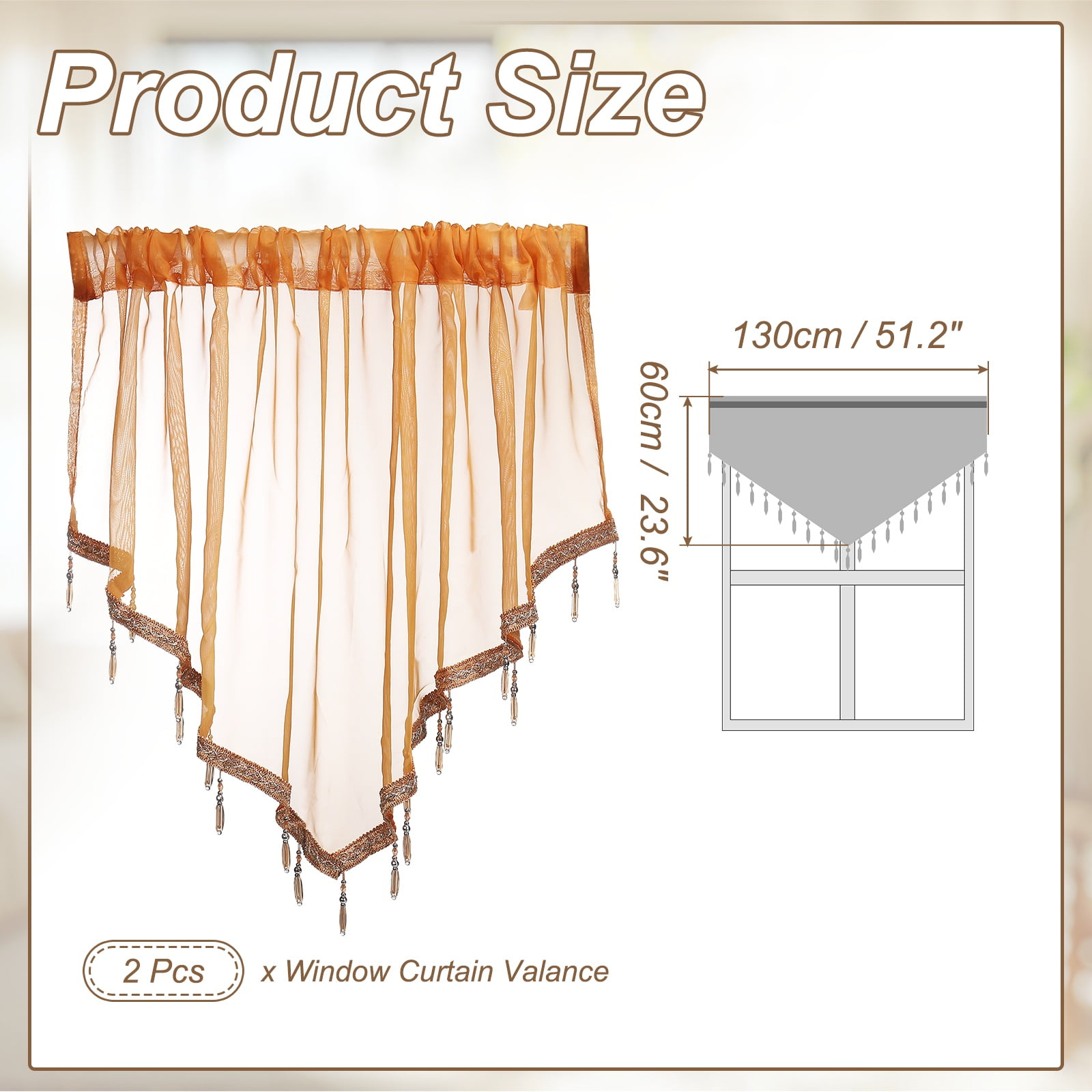 Uxcell 2Pcs Window Valance, 51x24 Inch Beaded Triangle Sheer Valance Curtains Small Short Light Filtering Sheer for Windows Bedroom Bathroom Living Room Kitchen, Yellow
