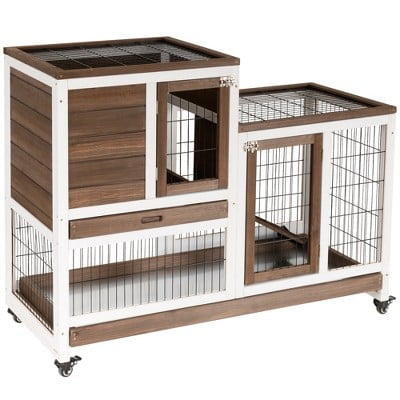 Wooden Rabbit Hutch Elevated Bunny Cage Indoor Small Animal Habitat with Enclosed Run with Wheels, Ramp, Removable Tray for Guinea Pigs