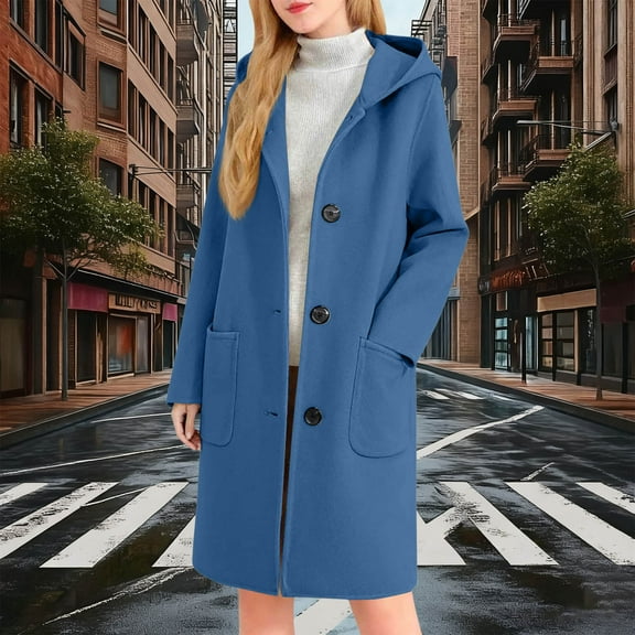 DAFPZW Womens Wool Blend Pea Coat Single Breasted Hooded Overcoat Casual Winter Elegant Mid Length Solid Trench Coats