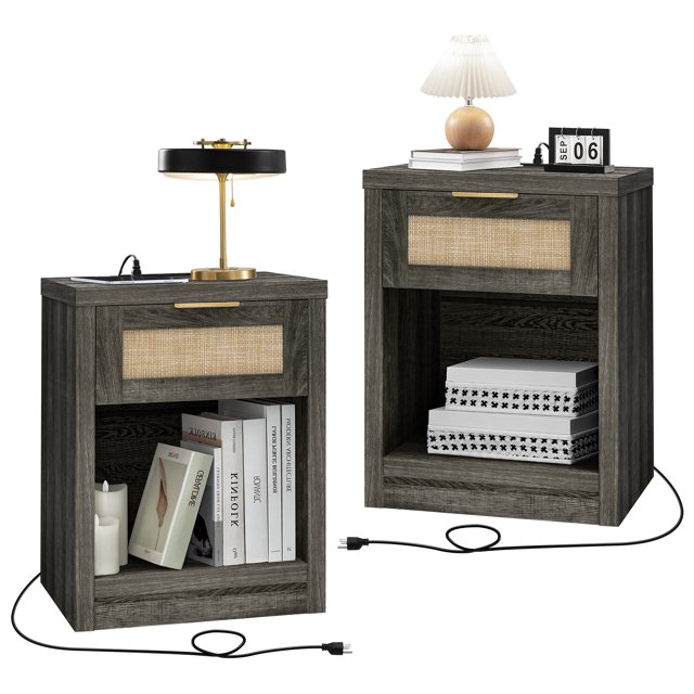 OAKHAM Rattan Nightstand Set of 2 with Charging Station, Bedside Table with Type-C/USB Port, Boho Side Tables End Table for Living Room, Bedroom, Midnight Oak