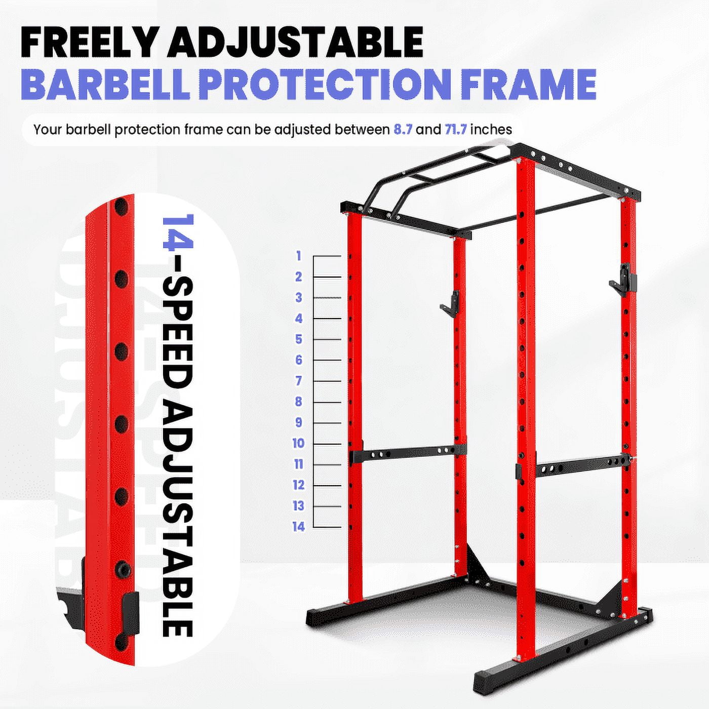 Red Adjustable Power Cage, 1200 LBS Capacity Multi-Functional Squat Rack with 14 Holes, Anti-Slip Base and Training Attachments for Home Fitness Training