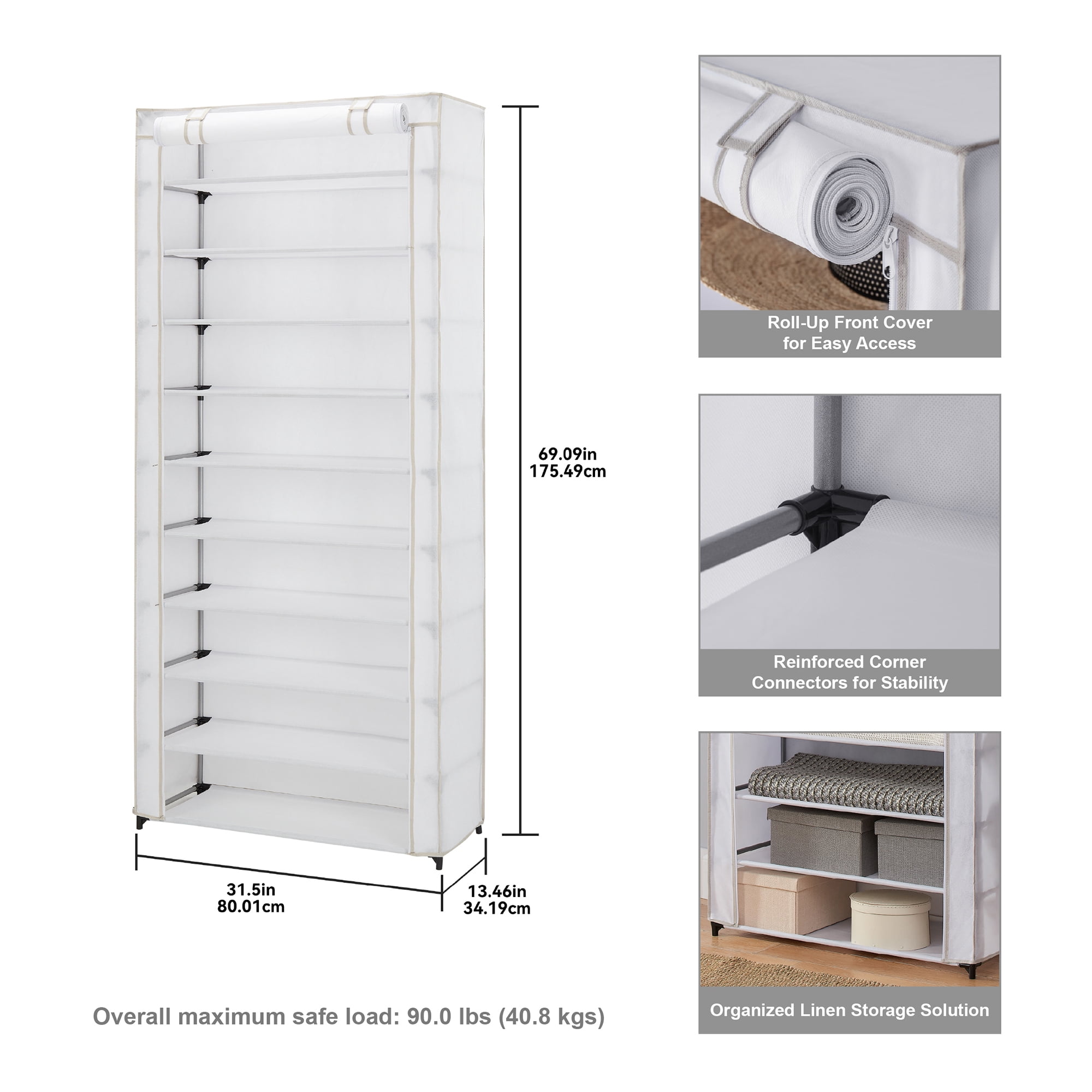 Mainstays 10-Shelf Shoe Organizer Rack with Cover, Holds 30 Pairs, White