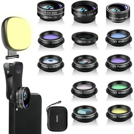 Godefa Phone Camera Lens Kit, 14 in 1 Lenses with Selfie Ring Light for iPhone Xs, Xr,8 7 6s Plus, Samsung and other Andriod Smartphone, Universal Clip on Wide angle+Macro+ Zoom Camera Lenses and More