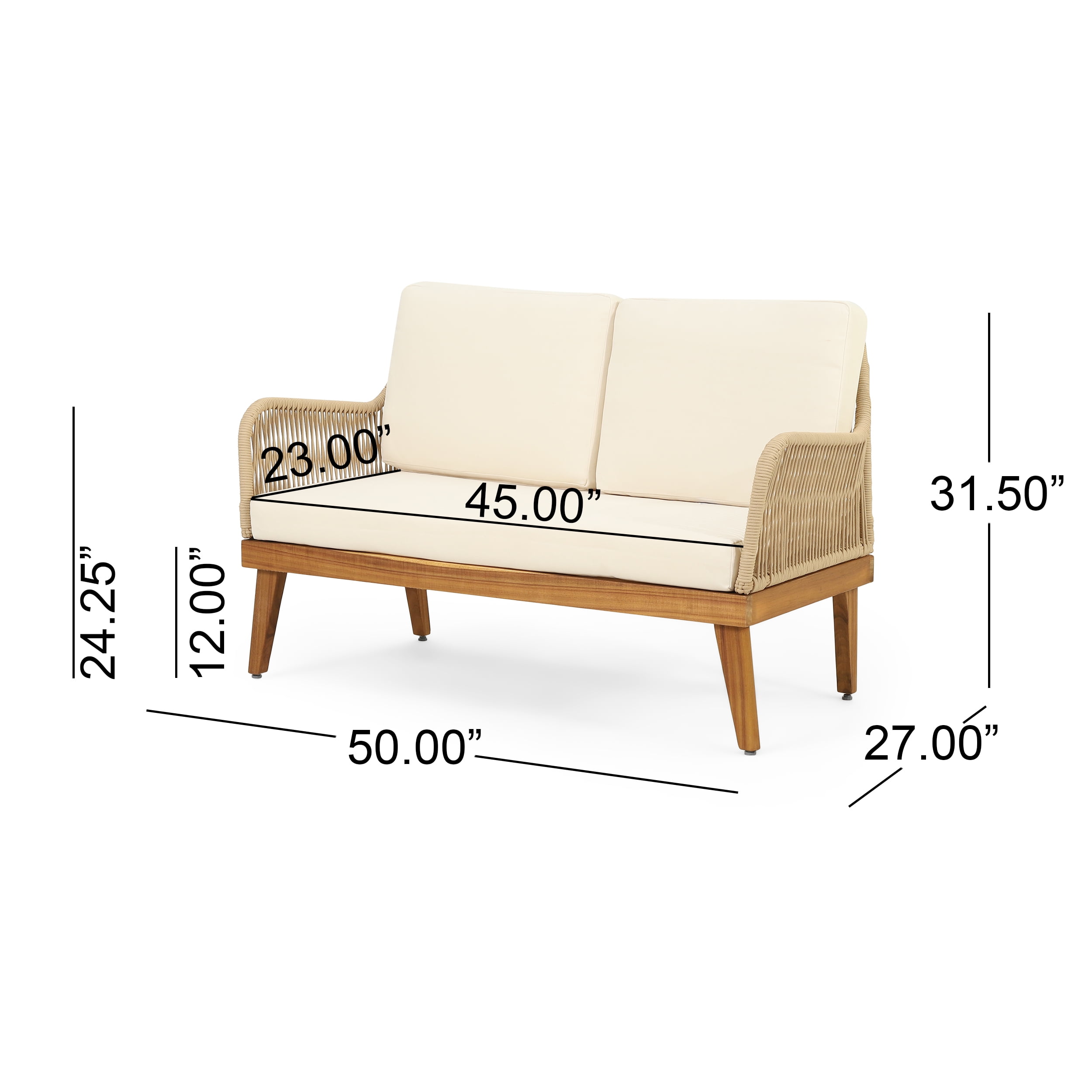 Outdoor 4 Piece Conversation Furniture Set, Acacia Wood with Rope Detail and Water Resistant Cushions for Patio, Teak and Beige
