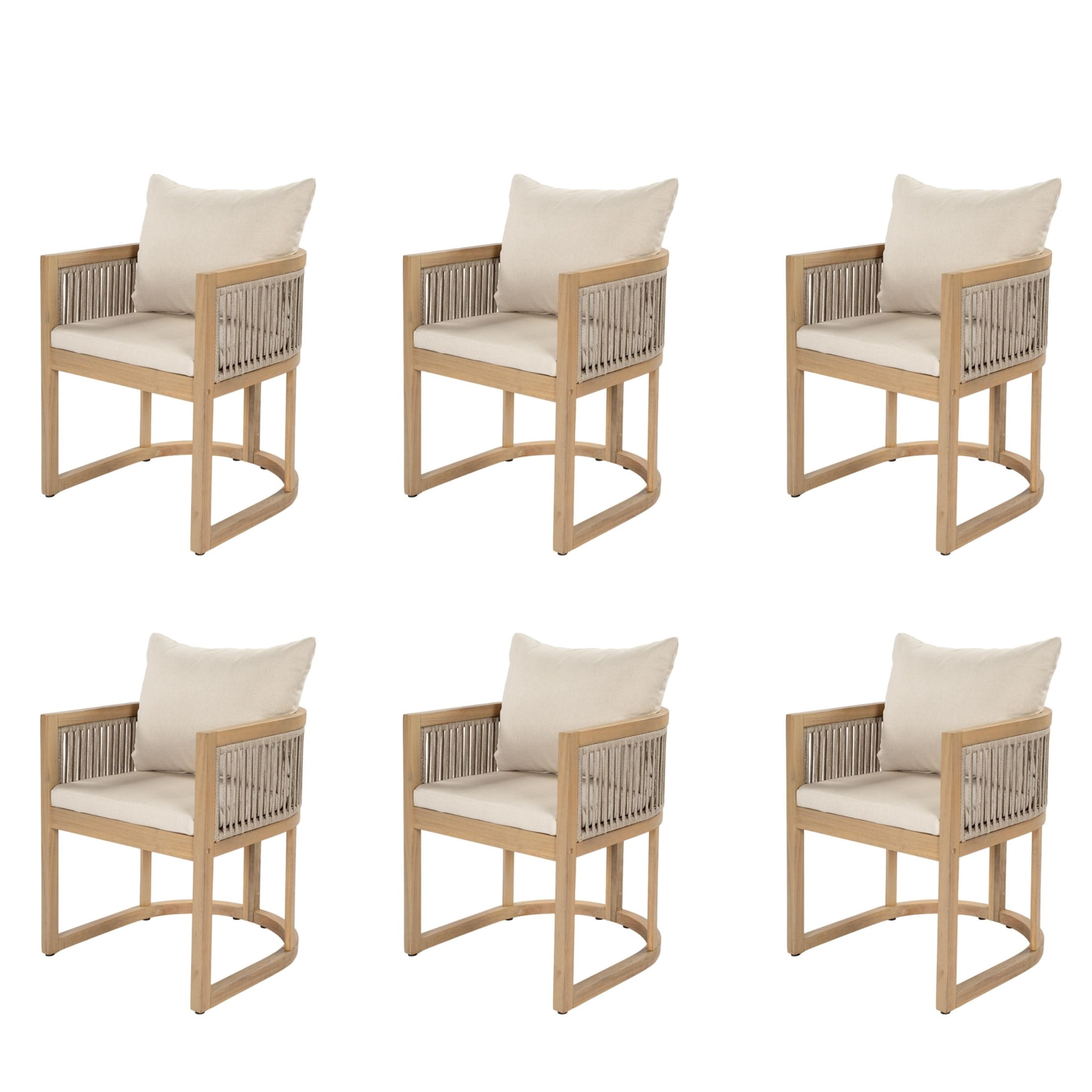 Christopher Knight Home Acacia Wood Outdoor Dining Chair with Cushions, Curved Shape, Light Teak+Beige, Set of 6