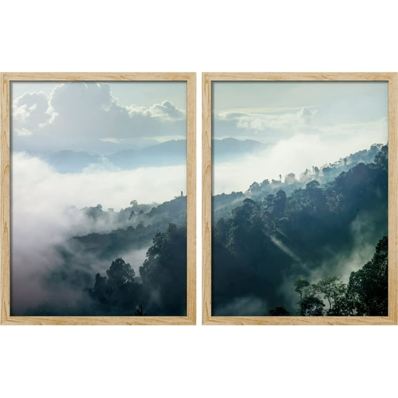 PixonSign Framed Wall Art Misty Mountain Scenery Posters, Set of 2 Emerald Green Forest Pine Trees Landscape Illustrations Wall Decor, Adhesive Canvas Prints for Home Decor - 11"x14" Natural