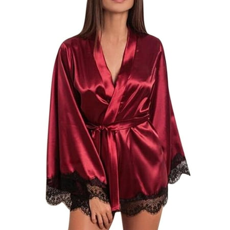 Puntoco Plus Size Nightdress Clearance Women Satin Nightdress Silk Lace Lingerie Nightgown Sleepwear Robe Wine L(L)