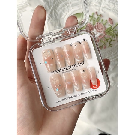 [Original real shot] Purely handmade nail wear ice transparent nude pure want to show white blush smudge nail patch finished product