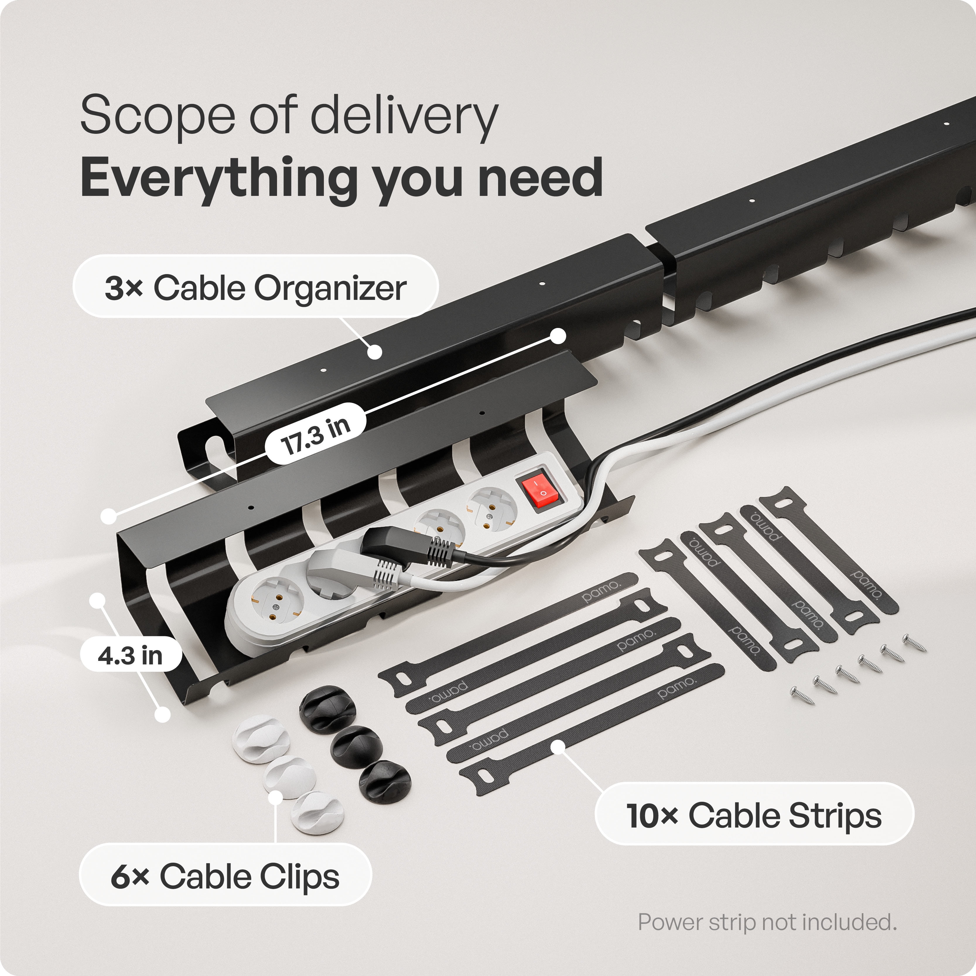 pamo Cable Management Under Desk for Easy mounting Under-Table I Set of 3 - with 10X Cable Ties I Desk Organizer for Office/Home Office Table Thoughtful Cable Tray Holder
