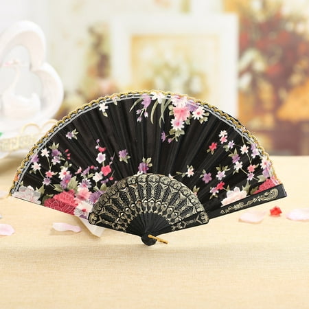 

ERTUTUYI Chinese Style Dance Wedding Party Lace Silk Folding Hand Held Flower Fan Black