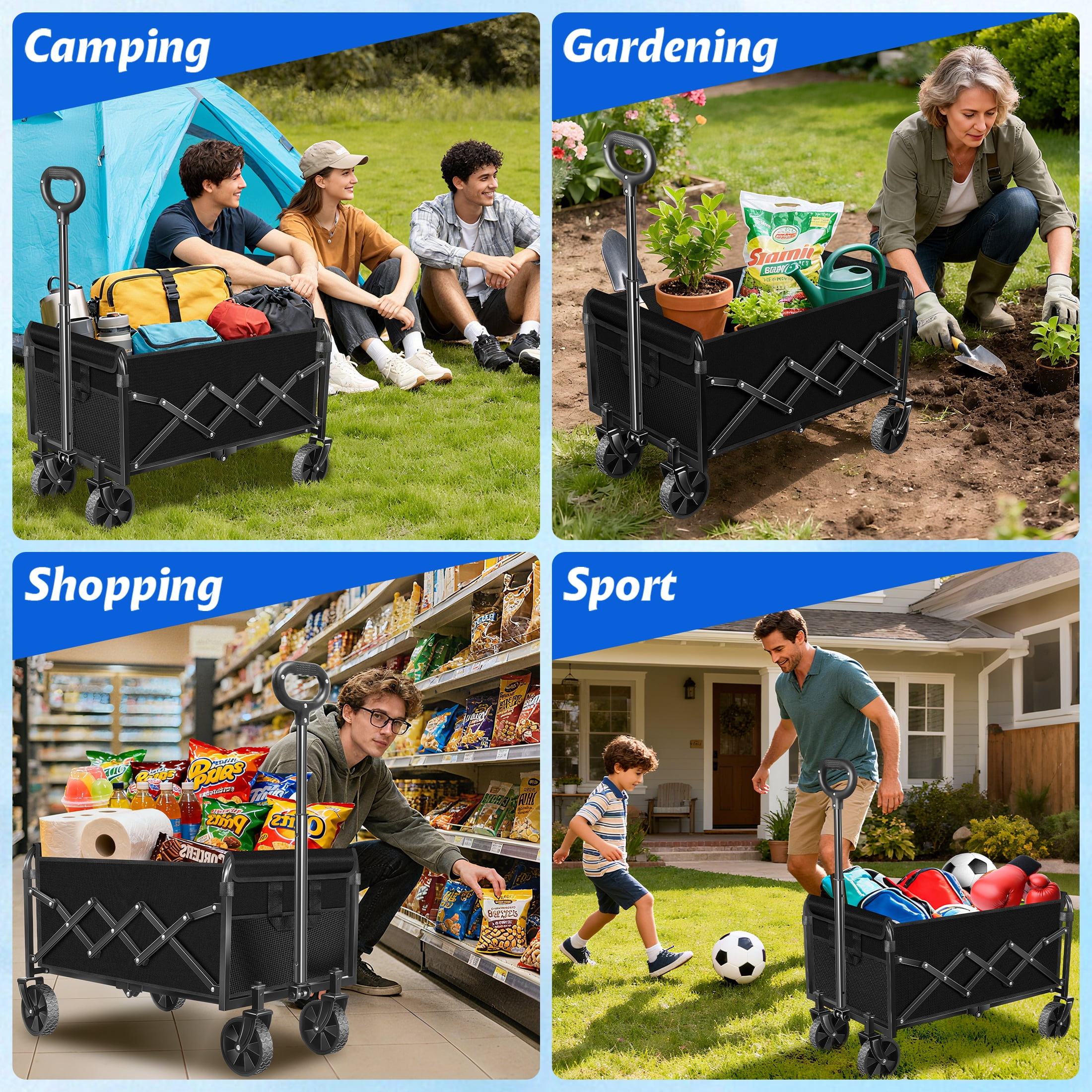 Kovryx Collapsible Wagon Cart Foldable, 360lbs Heavy Duty Folding Wagon with All-Terrain Wheels, Portable Beach Camping Shopping Garden Cart, Black