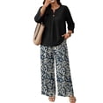 thumbnail image 6 of Bold Monochrome Floral Print Two Piece Set for Women, 3/4 Sleeve Button Down Top & Wide Leg Pants - Casual Lounge Outfit with Geometric Hem Trousers Zebra XL, 6 of 7