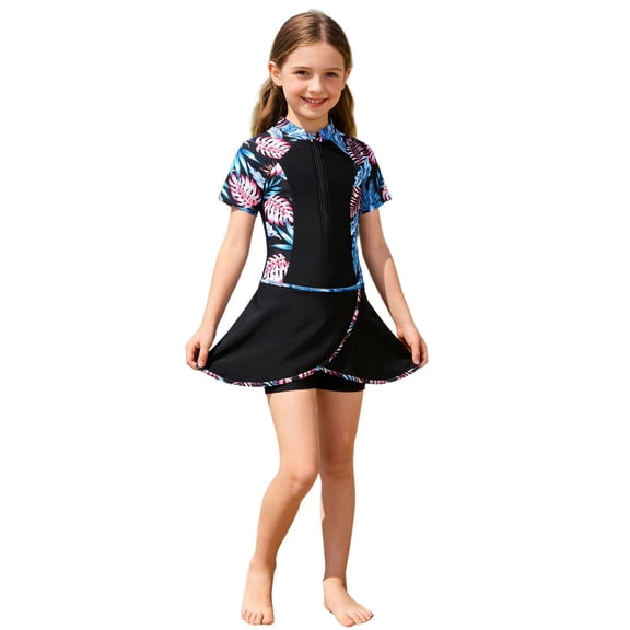 WERYOUNG Girl's Swimsuit Sets Short Sleeve Crewneck Floral Swim Shirts And Swim Skirt Kids 2 Piece Swimwear Beach Party Soft Comfortable Children Bathing Suit