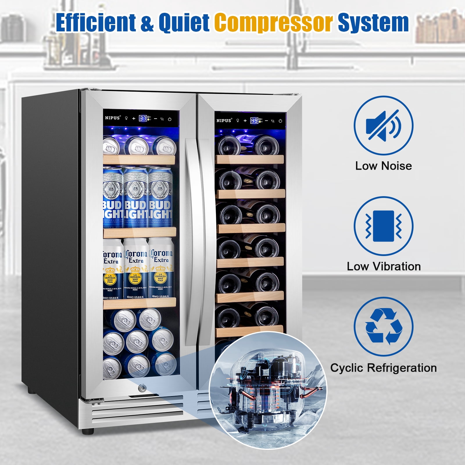 TITTLA 24 inch Wine and Beverage Refrigerator,Dual Zone 21 Bottles and 80 Cans,Built in,Silver