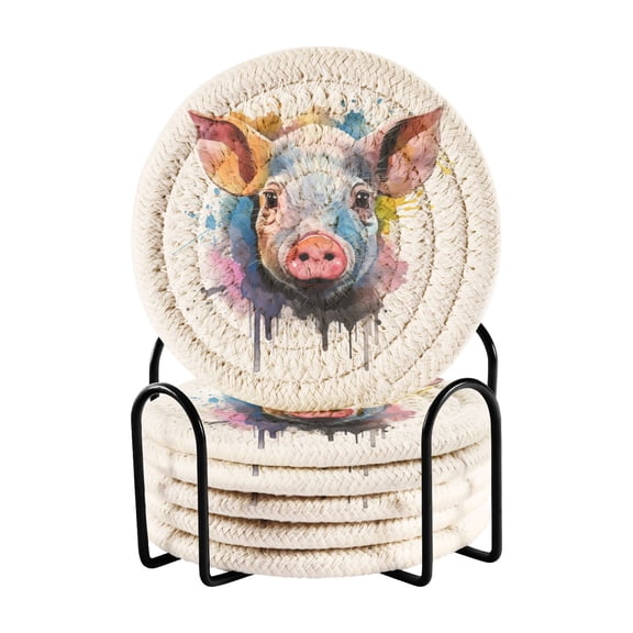 Pig Head 6 Pcs Drink Coasters with Holder Absorbent Coasters Woven Coasters for Drinks Table Desk Protection Home Decor