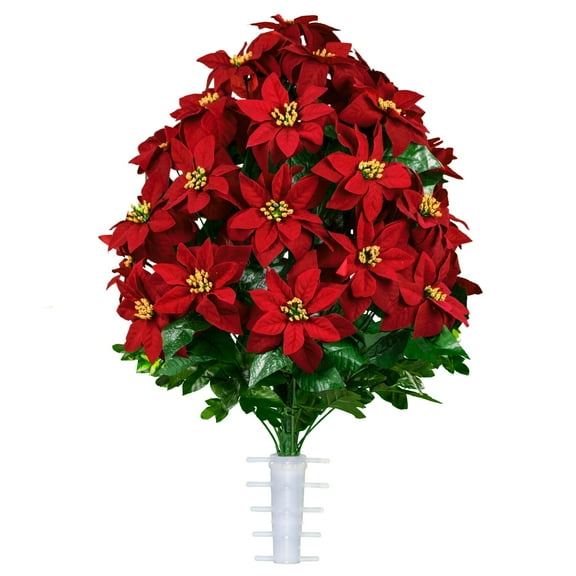 Sympathy Silks Artificial Cemetery Flowers 28" Outdoor Grave Decorations, Red Poinsettia Bouquet