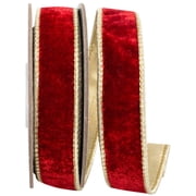 Ribbon - Velvet Plush Texture Deluxe Backed Wired Edge, Red/Gold, 1 Inch, 5 Yards