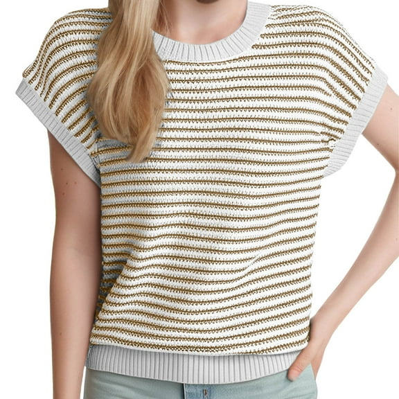 HexaHive Women's Striped Round Neck Knitted Cap Sleeve Sweater Vest - Loose Fit and Trendy
