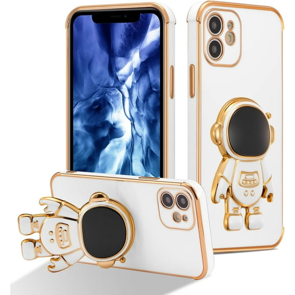 for iPhone 12 Case Cute 6D Astronaut Case with Stand Function Luxury Plating Case Cover Slim Fit Soft TPU Shockproof Bumper Protective Electroplated Case for Girls Boys,6.1 inch,White